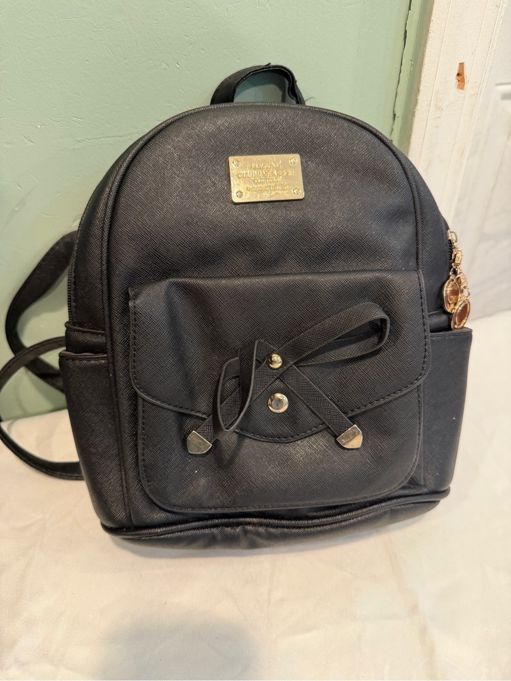 Black Mini Backpack with Front Pocket and Gold Accents